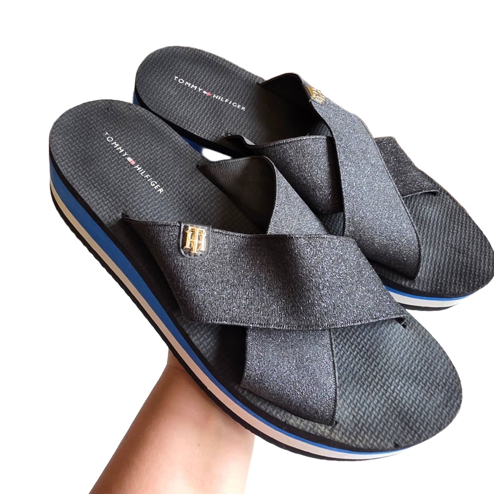 Tommy Hilfiger Sandals Womens US 10 Y2K  Black/Blue Platform Sole Striped Casual